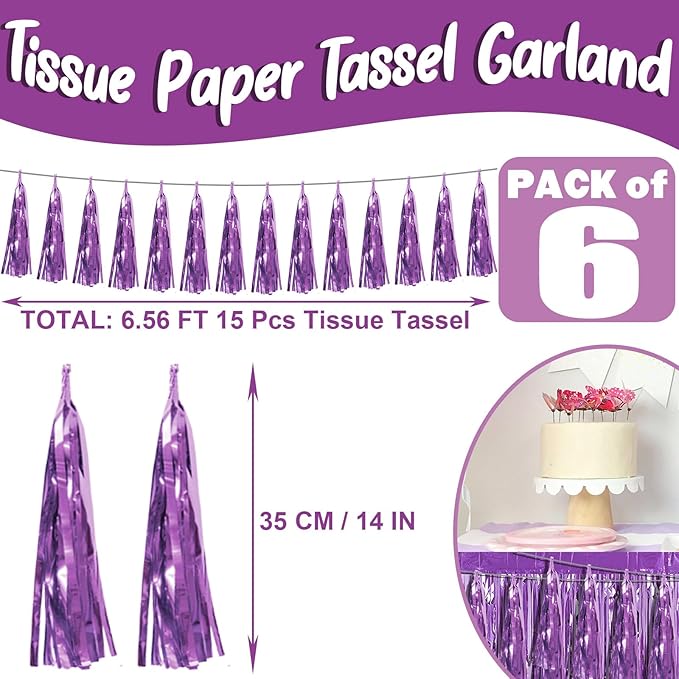 6P Light Purple Foil Fringe Metallic Tassel Streamers Banner Tassel Garland for Parade Floats, Bachelorette, Wedding, Birthday, Graduation, Christmas, Bridal/Baby Shower Party Decorations