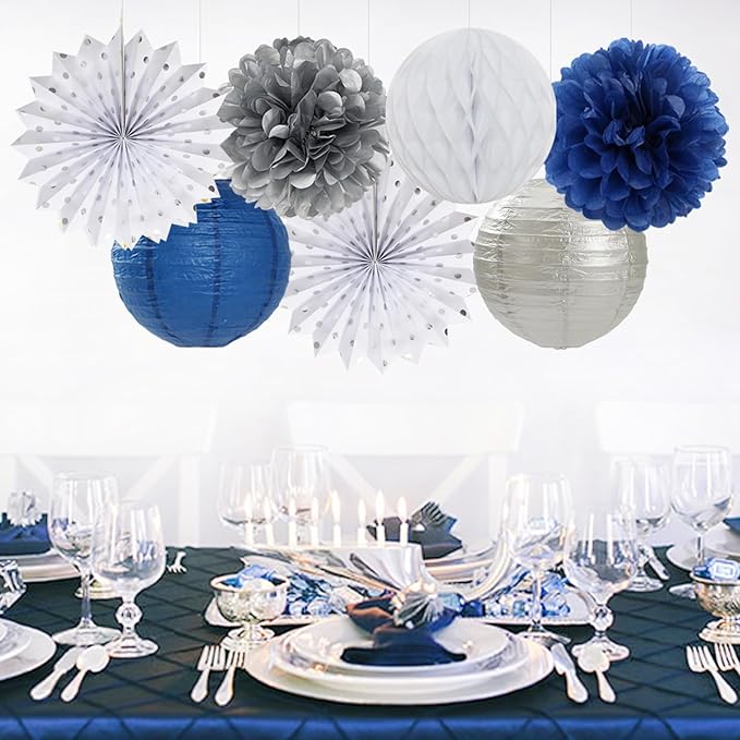 Navy-Blue White Silver Party-Decorations - 20pcs Graduation Paper Lanterns Fans,Tissue Pom Poms,Honeycomb Balls,Bunting,Birthday Bridal Bachelorette Christmas Baby Shower Wedding Decor Burgleda