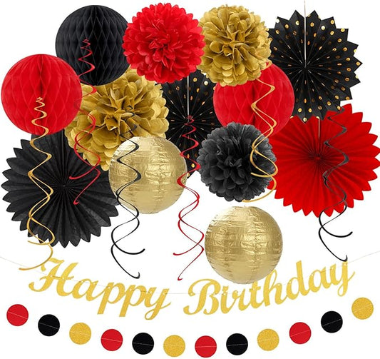 Red-Black Gold Casino-Theme Birthday Party-Decorations - 21pcs Happy Banner,Game Night Paper Lanterns,Tissue Pom Poms Flower Fan,Honeycomb Ball,Swirl Streamers Garland Supplies Women Men Decor Huglony