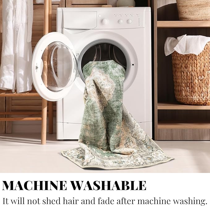 MUJOO Boho Rug 4'x6.5' Area Rugs for Bedroom Living Room Dining Room Green Small Rugs Machine Washable Non Slip Carpet for Office Dorm Bedside Kitchen Laundry Room Accent Soft Floral