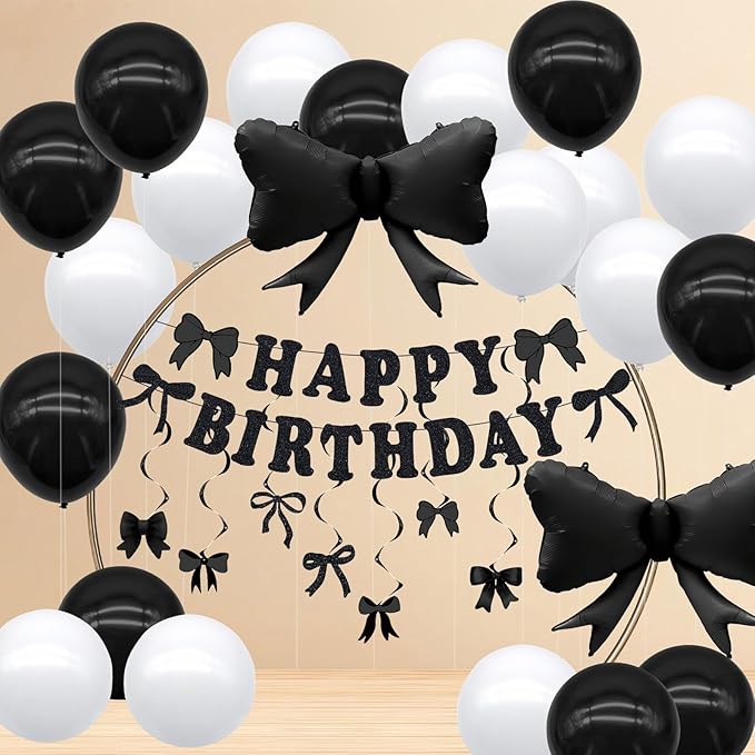 FBQ 24 Pcs Black Bow Happy Birthday Banner Bow Hanging Swirls Black Bow Foil Balloons Latex balloon Butterfly Themed Birthday Party Decorations Supplies