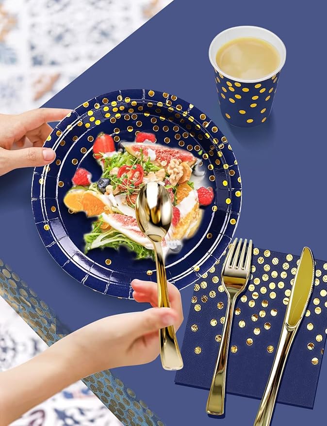 141 Pieces Navy Blue Gold Party Supplies, Disposable Party Decorations Sets Include Paper Plates Napkins Cups, Plastic Forks Knives Spoons, for Baby Shower Birthday Wedding -20 Guests