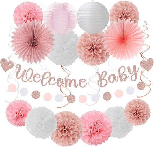 Rose-Gold Pink-White Baby Shower Party-Decorations - 22pcs Girls Welcome Baby Banner, Paper Lanterns Streamers, Tissue Pom Poms Flowers Fans Decor Supplies Hugmoon