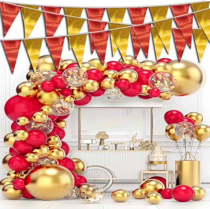 40M/130FT Red Gold Triangle Pennant Banner Flag Metallic Fabric Bunting Garland for Christmas Graduation Anniversary Birthday Engagement Wedding Anniversary Casino Party Decorations Supplies