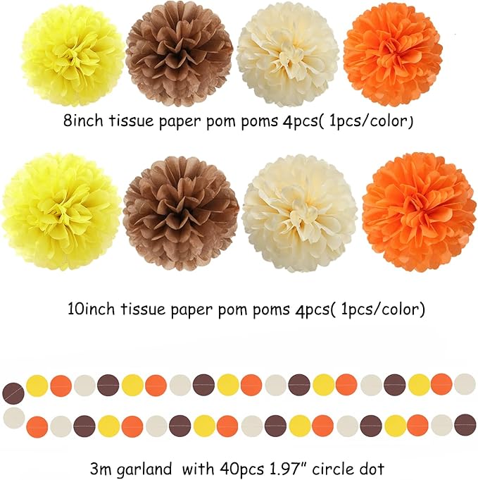 Brown-Orange Yellow Baby-Shower Party Decorations - 30pcs Fall Autumn Harvest Thanksgiving Tissue Pom Poms Streamers, Birthday Bridal Wedding Bachelorette Tassel Garland Banner Decor Ouruola