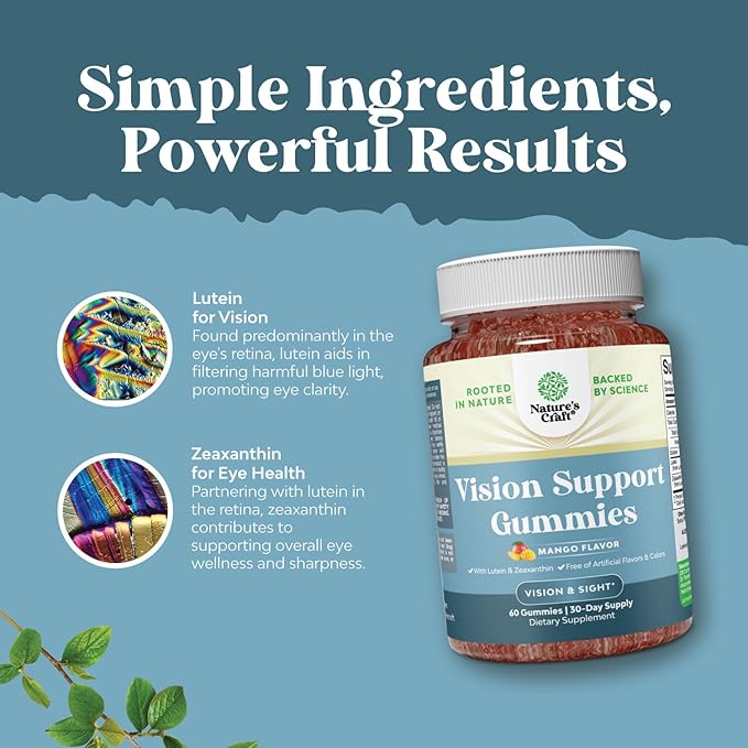 Vision Support Gummies for Adults - Lutein and Zeaxanthin Supplements for Eye Health - Potent Lutein Eye Vitamins for Blue Light Protection Dryness Strain Support & Visual Sharpness - 60 Count