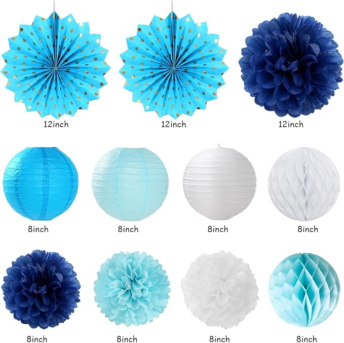 Light-Royal Blue White Birthday Party-decorations - 21pcs Boys Men Ocean Happy Banner,Navy Dusty Paper Streamers Lanterns Honeycomb,tissue Pom Poms Fan,Nautical Adult Garland Supplies Decor Huglony