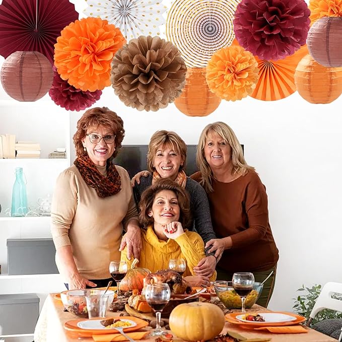 Burgundy Brown-Orange Baby-Shower Boho Party-Decorations - 20pcs Fall Autumn Paper Lanterns Fans,Tissue Pom Poms,Honeycomb Balls,Wedding Birthday Bridal Harvest Thanksgiving Festival Decor Burgleda