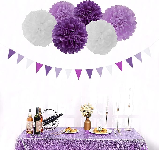 Purple White Lavender Party-Decorations Streamers - 28pcs Tissue Pom Poms,Women Girl Birthday Supplies Tassel Garland Banner,Baby Bridal Shower Wedding Engagement Bachelorette Graduation Decor Lasting Surprise