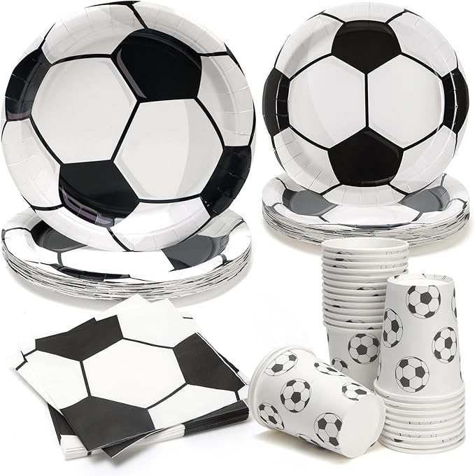 96pcs Party Plates Soccer Tableware Set Black and White Kid's Birthday Party Paper Plates Round for 24 Guests Disposable Table Supplies Picnic Soccer Party (Include Plates, Cups and Napkins)
