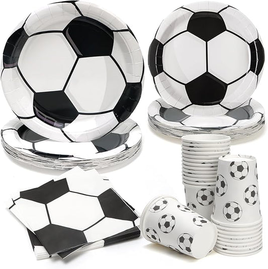96pcs Party Plates Soccer Tableware Set Black and White Kid's Birthday Party Paper Plates Round for 24 Guests Disposable Table Supplies Picnic Soccer Party (Include Plates, Cups and Napkins)