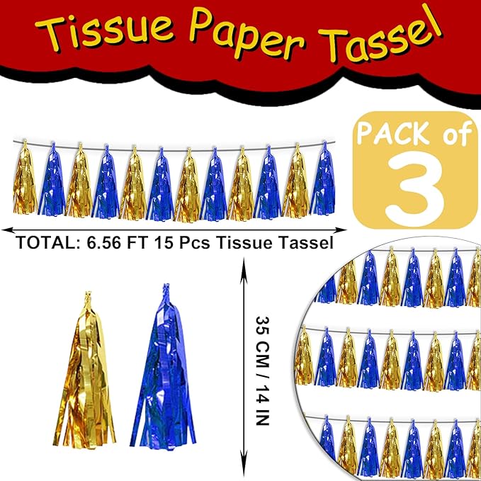 3PNavy-Blue Gold Metallic Fringe Tassel Banner Garland Foil Tinsel Streamer Wall Hanging Curtain Backdrop Banners for Parade Floats Birthday Graduation Christmas Bridal/Baby Shower Party Decorations