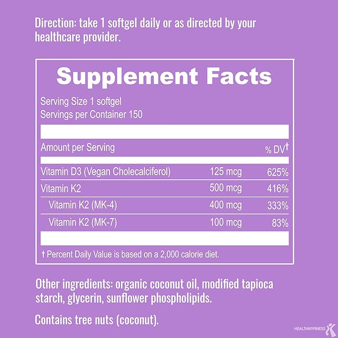 UpNourish Certified Vegan Vitamin D3 5000 IU K2 MK4 MK7 500 mcg Supplement, 150 Softgels, Plant Based Liposomal Vitamin D K with Organic Coconut Oil, Non GMO, Gluten and Gelatin Free