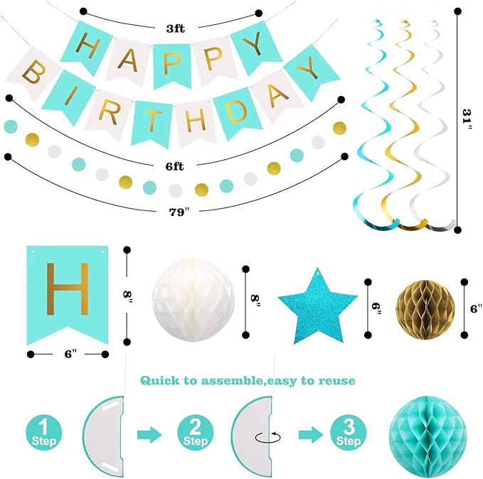 meowtastic Birthday Decorations, Happy Birthday Banner with Honeycomb Balls, Stars Hanging Swirls Streamers, Circle Dots Garland, Happy Birthday Party Decorations for Women Men Boys Girls (Mint)