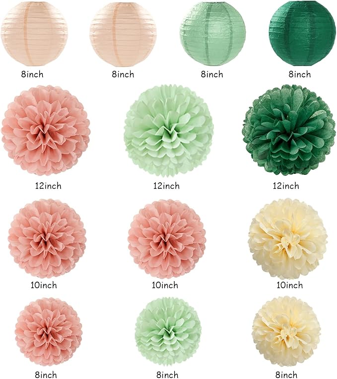 Sage-Green Pink Party-Decorations Paper-Flowers Lanterns - 20PCS Boho Rustic Tissue Pom Poms Streamers Fans Honeycomb, Birthday Baby Shower Neutral Garden Wedding Hanging Supplies Decor Burgleda