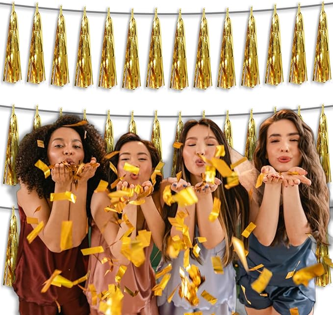 3P Metallic Fringe Tassel Banner Garland Foil Tinsel Streamer Wall Hanging Curtain Backdrop Banner for Parade Floats, Graduation Decorations, Wedding Party Decoration(Gold)
