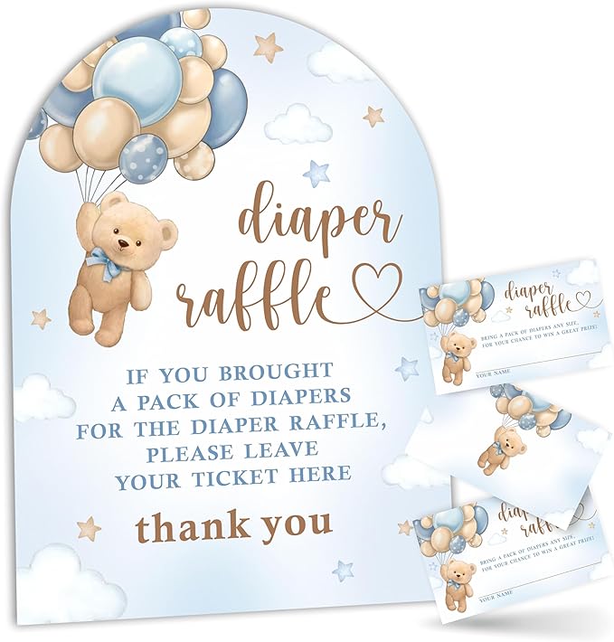 Blue Bear with Balloon Diaper Raffle Game Kit - 50 Tickets & 7x10 Inch Sign with Stand, Gender Neutral Baby Shower Decor, Bear Theme Gender Reveal Party Supplies (B02)