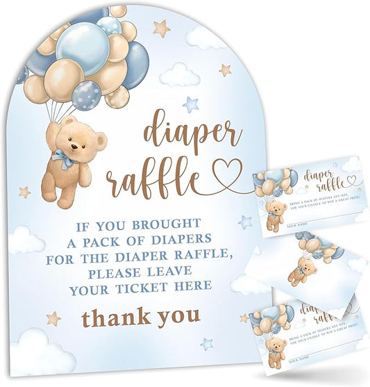 Blue Bear with Balloon Diaper Raffle Game Kit - 50 Tickets & 7x10 Inch Sign with Stand, Gender Neutral Baby Shower Decor, Bear Theme Gender Reveal Party Supplies (B02)
