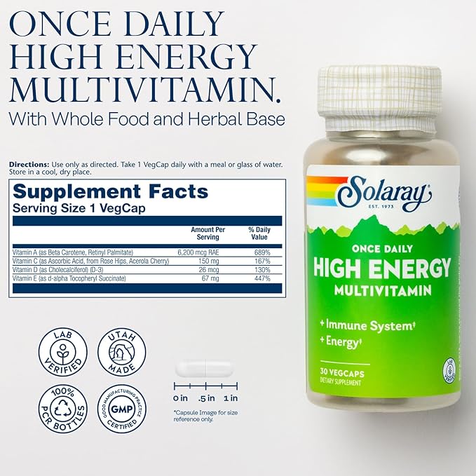 SOLARAY Once Daily High Energy Multivitamin for Women and Men - Energy Supplements - Immune Support w/Vitamin C, A, D and E, Vitamin B Complex, Trace Minerals, 60-Day Guarantee, 30 Serv, 30 VegCaps