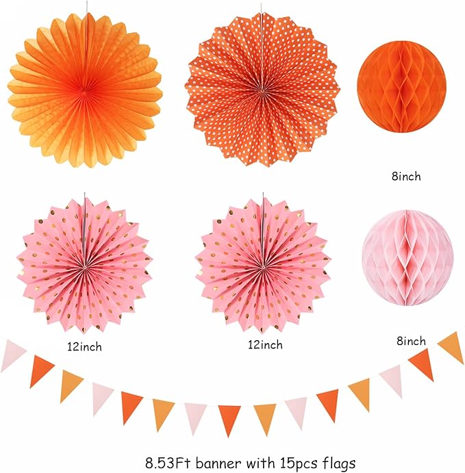 Pink-Orange Groovy Party-Decorations - 20pcs Fall Autumn Thanksgiving Harvest Paper Streamers Lanterns Fans,Tissue Pom Poms,Honeycomb Balls,Bunting,Birthday Baby Bridal Shower Wedding Decor Burgleda