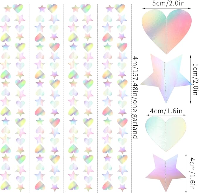 Iridescent Disco-Holographic Party-Decorations Star Heart-Garland - 52Ft Neon Wedding Hanging Paper Streamers Banner,Birthday Bachelorette Baby Bridal Shower Engagement Decor Ouruola