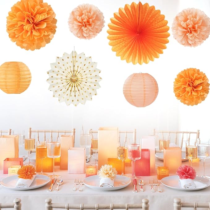 Beige-Orange Peach Fall-Boho Hanging Party-Decorations - 20pcs Autumn Friendsgiving Baby Shower Paper Lanterns Fans,Tissue Pom Poms,Honeycomb Balls,Thanksgiving Wedding Bridal Birthday Decor Burgleda