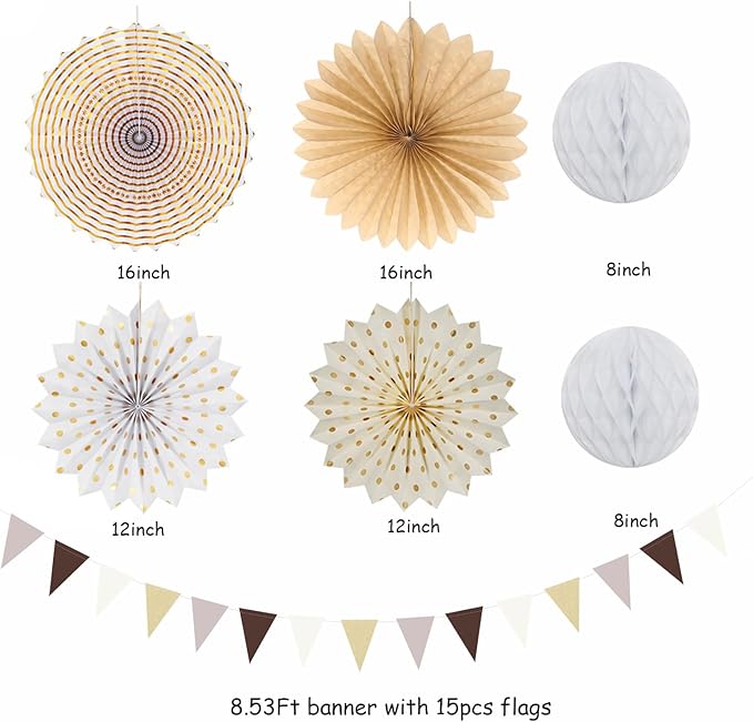 Boho Baby-Shower White-Brown Champagne Party-Decorations - 20pcs Neutral Rustic Paper Lanterns Fans,Tissue Pom Poms,Honeycomb Balls,Bunting,Birthday Wedding Bridal Christmas Fall Autumn Decor Burgleda