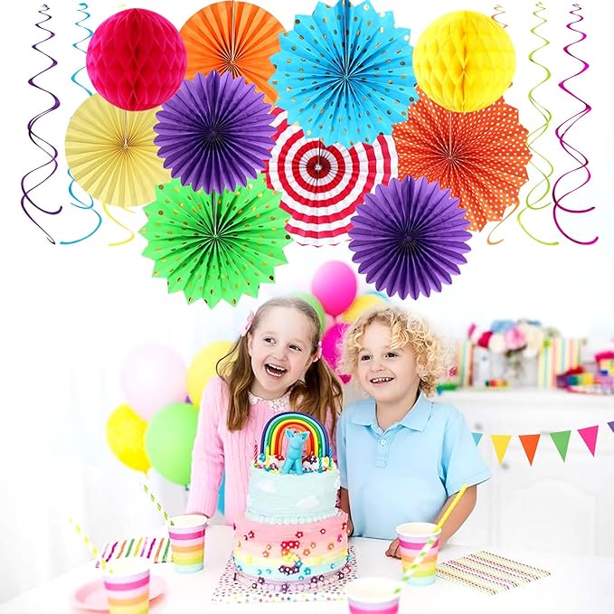 Rainbow Birthday Party-Decorations - 33pcs Colorful Banner,Mexican Theme Streamers Tassel Garland,Tissue Pom Poms Honeycomb,Paper Lantern Fans,Baby Shower Classroom Decor Supplies Hugtmr