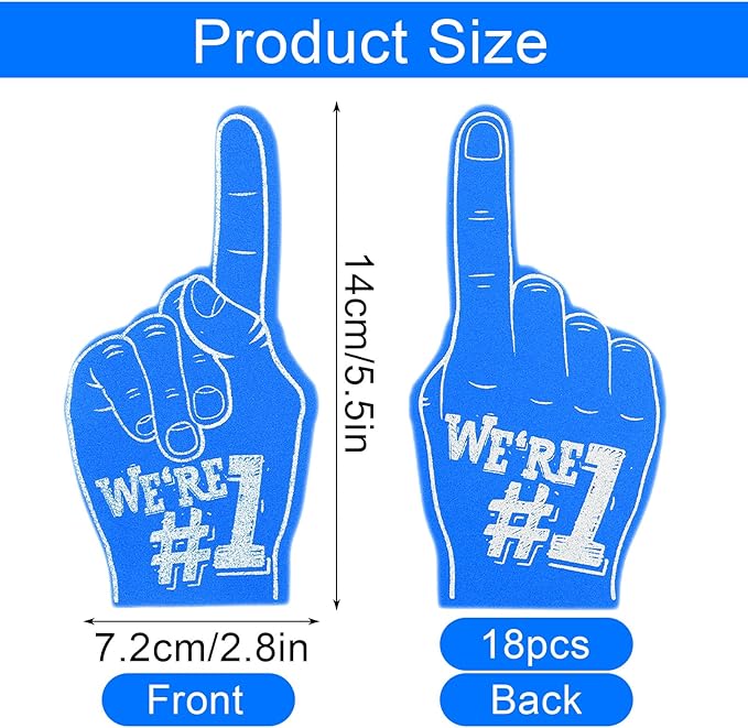 18Pcs Mini Foam Fingers for Sports-Themed Birthday, We're #1 Fan Foam Finger, Bulk Mini Foams Hand Fingers Cheerleader Gifts for Sports Events Party Supplies (Blue)