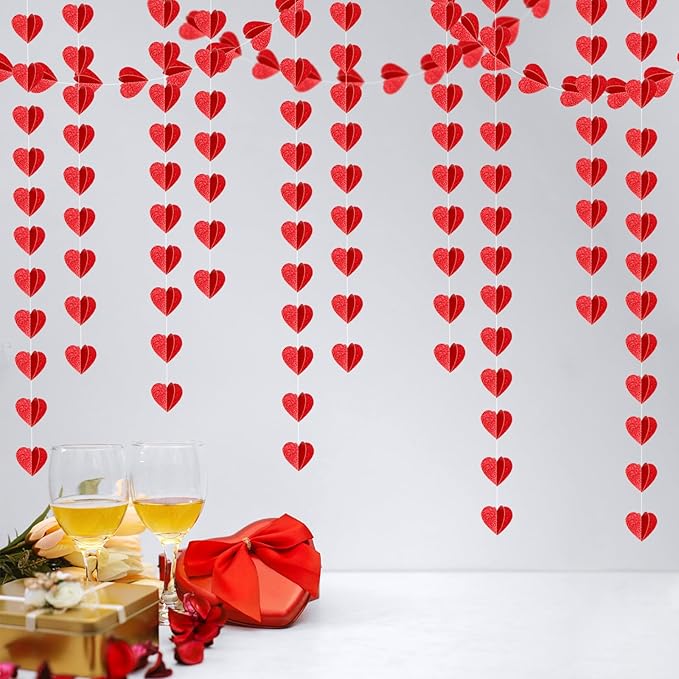 Party-Decorations Red Heart Garland - 39Ft 3D Special Night Galentines Hanging Paper Streamers Banner,Baby Girl Birthday Bachelorette Engagement Mohters Brunch Decor Ouruola