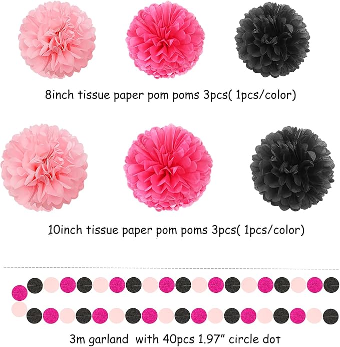 Hot-Pink Black Party-Decorations Paper Flower Streamers - 23pcs Baby Girl Women Birthday Tissue Pom Poms,Bachelorette Shower Tassel Garland Banner,Graduation Hanging Supplies Decor Ouruola