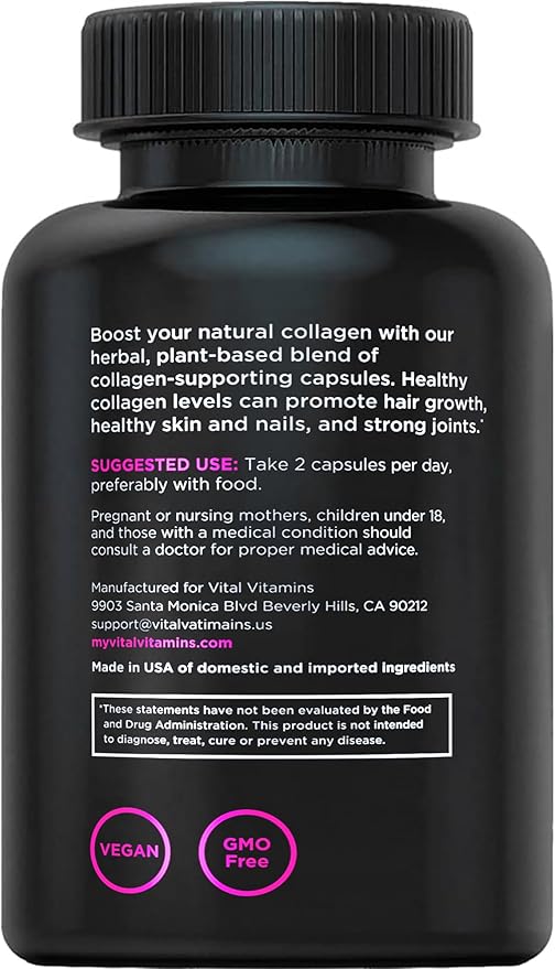 Vital Vitamins Vegan Collagen Booster - with Silica and Hyaluronic Acid - Plant-Based Collagen Supplements - Supports Hair, Skin, Nails & Joints - 60 Capsules