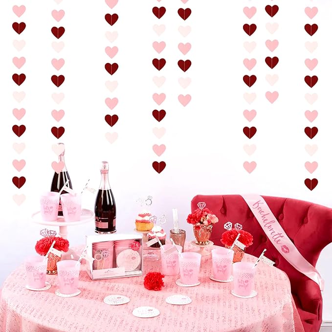 Pink Burgundy Party-Decorations Heart Garland - 62FT Wedding Hanging Streamer Banner,Birthday Baby Bachelorette Engagement Mothers Day Bridal Shower Backdrop Decor Hugtmr