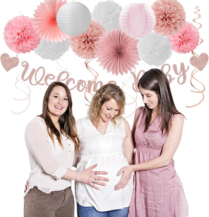 Rose-Gold Pink-White Baby Shower Party-Decorations - 22pcs Girls Welcome Baby Banner, Paper Lanterns Streamers, Tissue Pom Poms Flowers Fans Decor Supplies Hugmoon