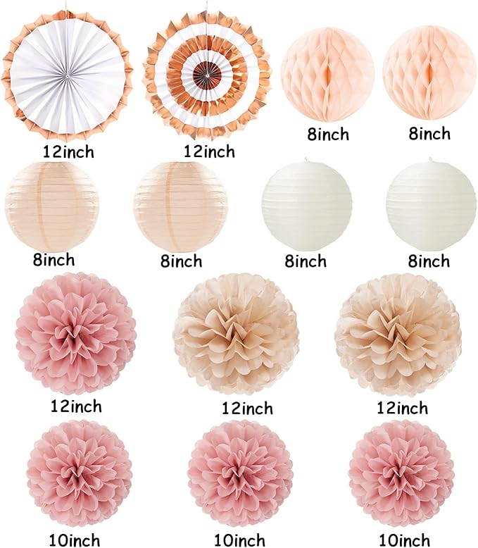 Pink Champagne-Beige Rose-Gold Boho Party-Decorations - 14Pcs Women Girls Birthday Streamers Lanterns Honeycomb Fan,Tissue Pom Poms,Fall Baby Bridal Shower Wedding Backdrop Classroom Decor Ouruola