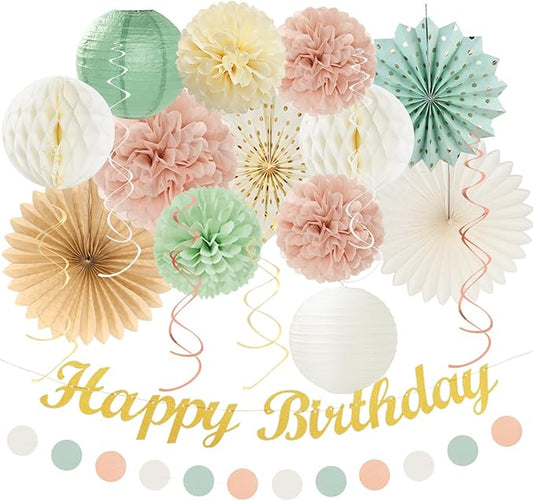 Sage-Green Blush-Pink Beige Birthday Party-Decorations - 21pcs Happy Banner,Cream Light Dusty Pink Paper Lanterns Pom Poms,Rustic Boho Neutral Streamers Garland,Women Girls Decor Supplies Huglony