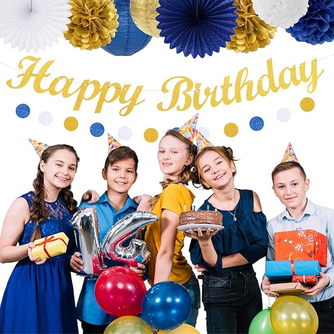 Royal-Navy Blue White Happy-Birthday Party-Decorations - 31pcs Men Women Boys Girl Paper Lanterns Streamers Banner,Gold Tissue Flowers Pom Poms Fans Tassels Graland Decor Supplies Hugmoon