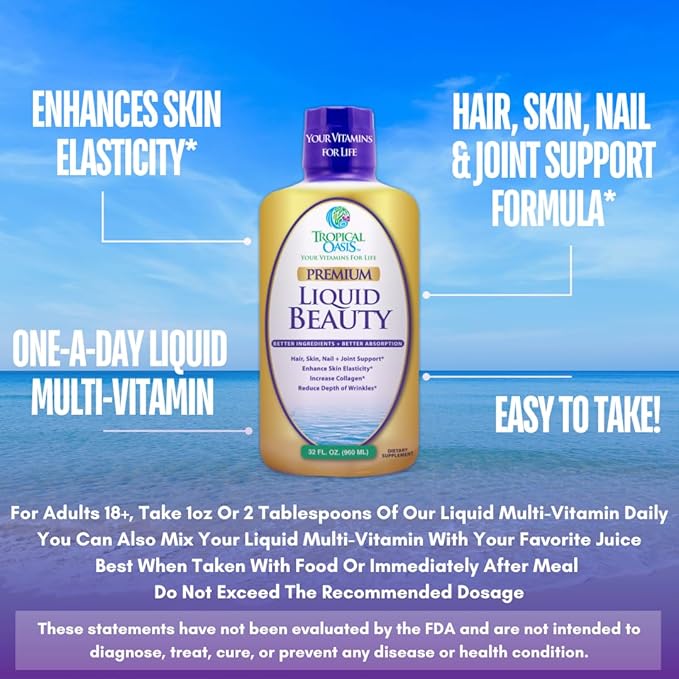 Tropical Oasis - Liquid Beauty | Supplement for Hair, Skin, & Nail Growth - Biotin + Hydrolyzed Collagen (32 Servings)