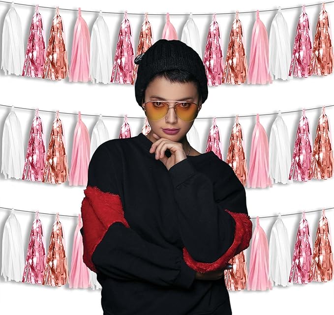 3P Metallic Fringe Tassel Banner Garland Foil Tinsel Streamer Wall Hanging Curtain Backdrop for Parade Floats, Graduation, Wedding, Birthday, Retirement Party Decorations(Rose-Gold Pink White)