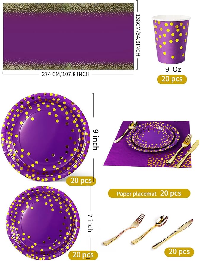 141 Pieces Purple Gold Party Supplies, Disposable Party Decorations Sets Include Paper Plates Napkins Cups, Plastic Forks Knives Spoons, for Baby Shower Birthday Wedding -20 Guests