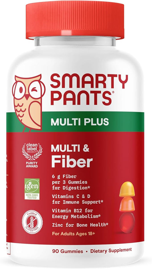 SmartyPants Fiber Supplement & Multivitamin for Men & Women - Improved Formula: Prebiotic Fiber Gummies with Omega 3 (DHA/EPA), Vitamin D3, C, Vitamin B12, B6, A, K & Zinc, 90 Count (30 Day Supply)