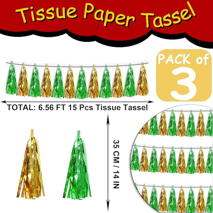 3P Sage-Green Gold Metallic Fringe Tassel Banner Garland Foil Tinsel Streamer Wall Hanging Curtain Backdrop Banners for Parade Floats, Graduation Decorations, Woodland Party Decoration