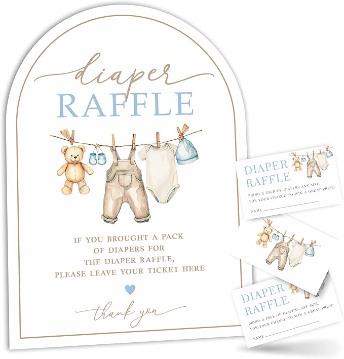 Diaper Raffle Game Kit with Arched Display Board & Stand - Blue Baby Clothes, 7x10 Inch Gender Neutral Baby Shower Sign with 50 Tickets, Natural Theme Decor (B07)