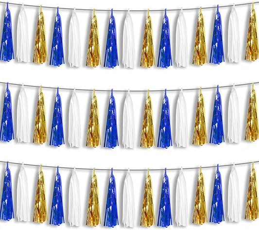 3P Navy-Blue White-Gold Foil Fringe Metallic Tassel-Garland, Tassels Banner Streamers for Parade Floats, Bachelorette, Wedding, Birthday, Halloween, Christmas, Bridal/Baby Shower Party Decorations