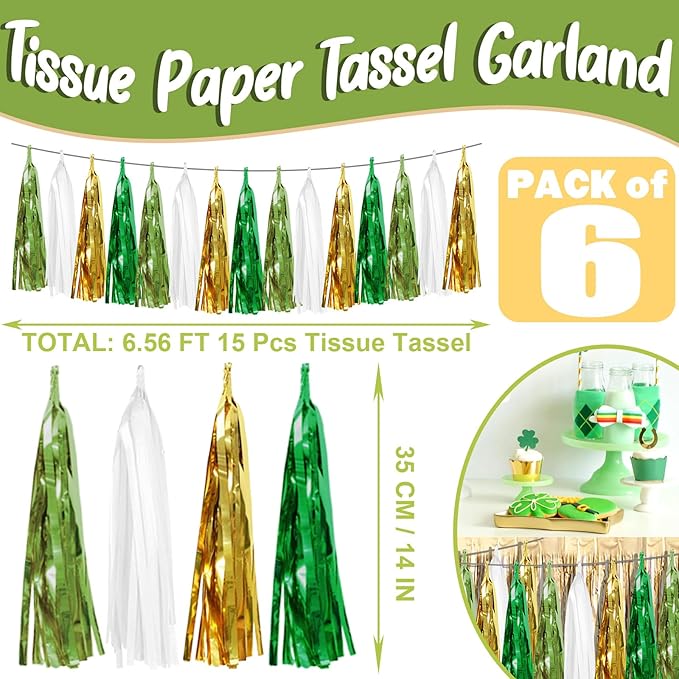 6P Sage-Green Beige-Mint Gold Foil Fringe Metallic Tassel Garland Banner, Tassels Banner Streamers for Parade Floats, Bachelorette, Wedding, Birthday, Christmas, Bridal/Baby Shower Party Decorations