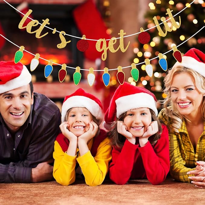 Gold Lets Get Lit Banner Christmas Banner, Christmas Party Decorations, Indoor Outdoor Home Hanging, Decor Yellow Glitter