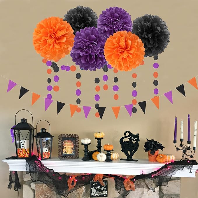 Black Purple Orange Halloween Party-Decorations - 23pcs Tissue Pom Poms Streamers,Tassel Garland Banner,Graduation 2025 Birthday Wedding Baby Bridal Shower Decor Bunting Lasting Surprise