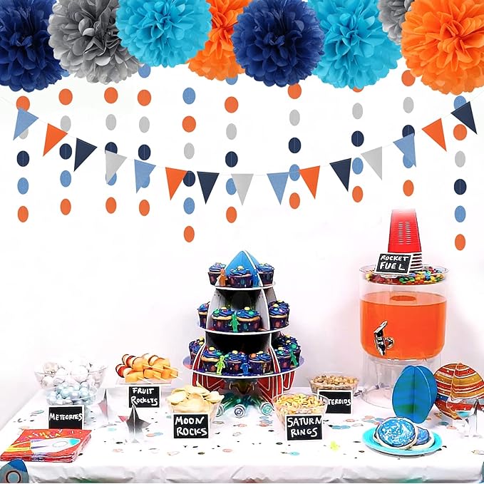 Blue-Silver Orange Space Party-Decorations Streamers-Garland - 30pcs Graduation 2025 Tissue Pom Poms,Tassel Banner Backdrop Birthday Boy Baby Shower Decor Bunting Lasting Surprise