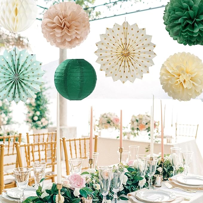 Olive-Sage Green Champagne-Gold Party-Decorations Lanterns - 14pcs Rustic Wedding Paper Fan Streamers,Tissue Pom Poms Honeycomb,Boho Bachelorette Neutral Baby Shower Birthday Bridal Decor Ouruola