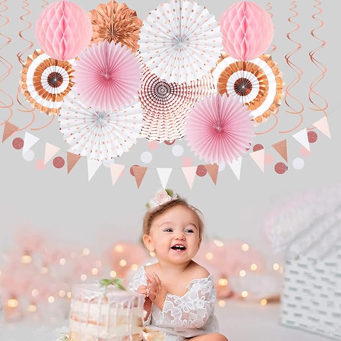 Rose-Gold Pink-White Graduation Party-Decorations - 33pcs Banner,Streamers Tassel Garland,Tissue Pom Poms Honeycomb,Paper Lantern Fan,Birthday Wedding Bridal Baby Shower Bachelorette Engagement Hugtmr